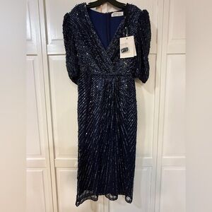 NWT|Mac Duggal Midnight Navy Sequined V-Neck Short Puff Sleeve Midi Dress Size 8